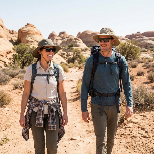Two hikers wearing hats and backpacks walk on a desert trail in sunny conditions.