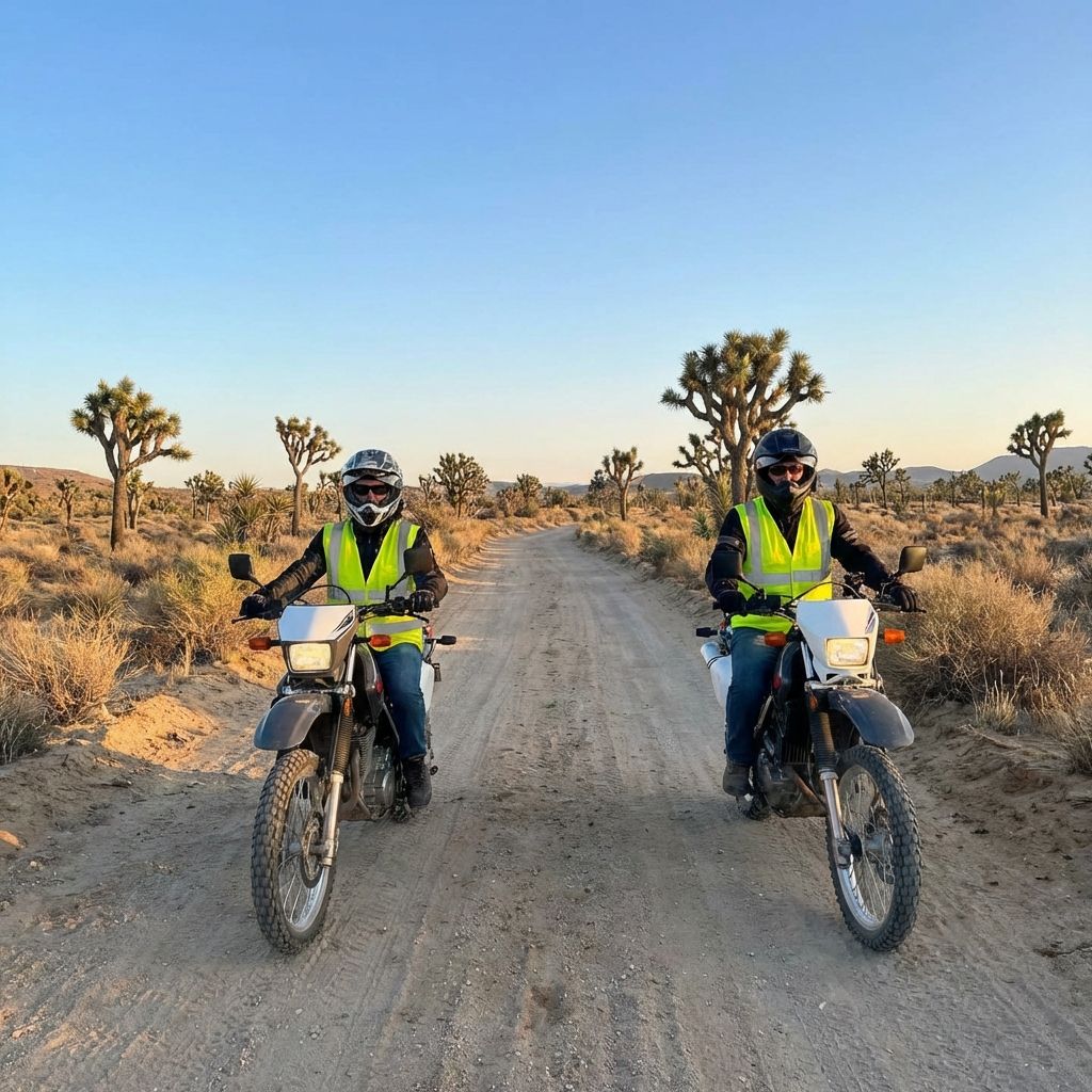 Two motorcyclists in safety vests and helmets ride dual-sport bikes down a dirt trail in a Joshua tree desert landscape.