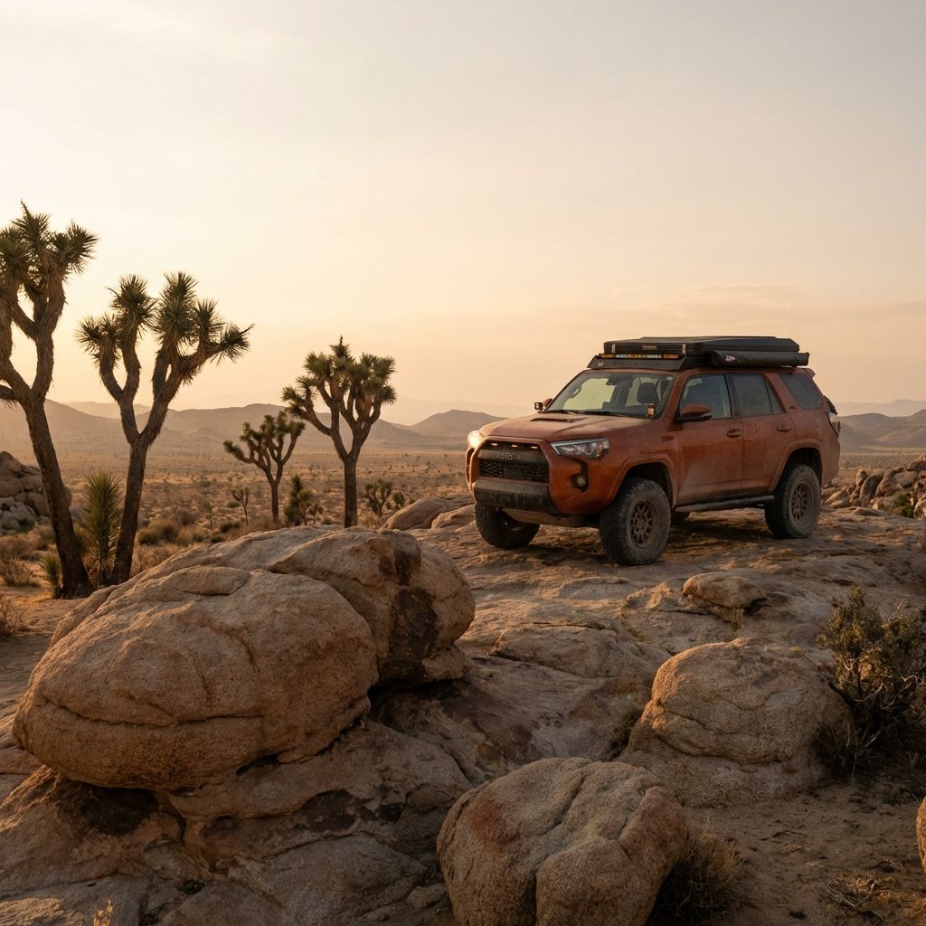 An orange off-road SUV with a roof rack parked on a rocky desert landscape at sunset, surrounded by Joshua trees.