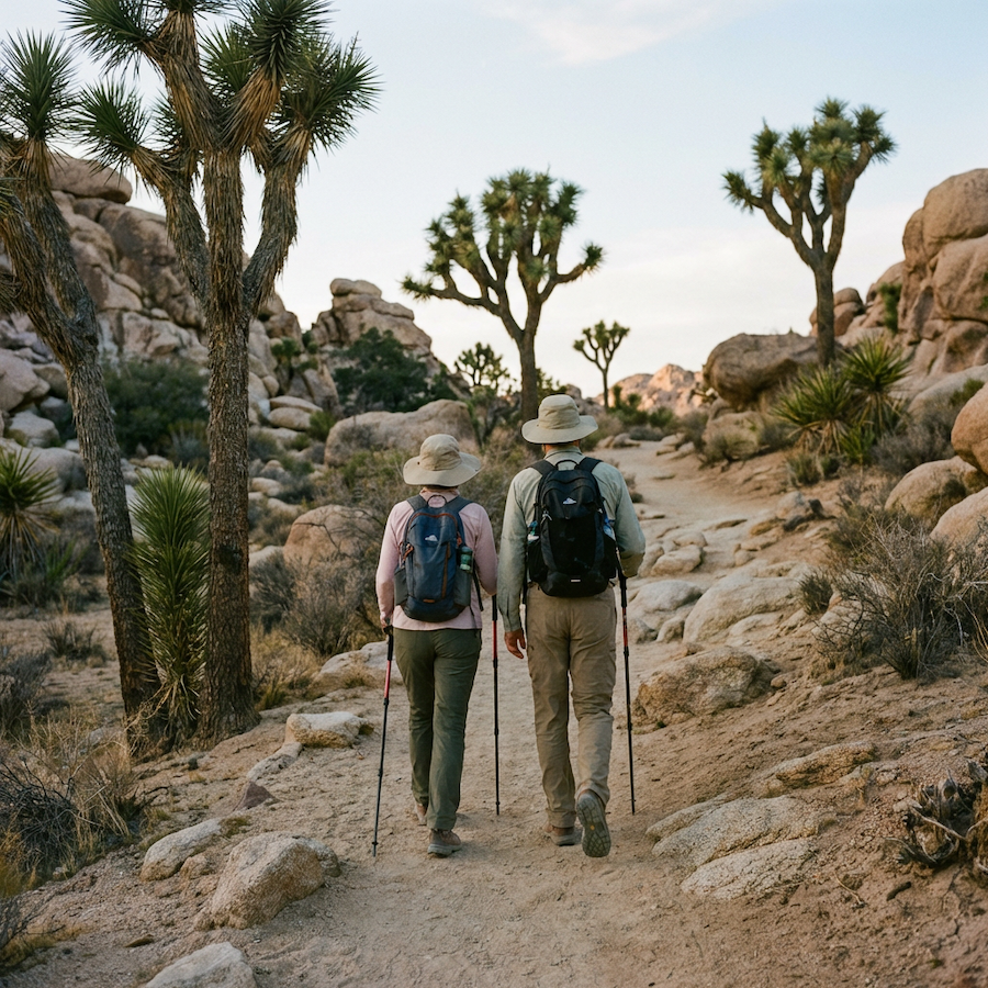 Two people hike on a desert trail, surrounded by rocks and Joshua trees, wearing hats and carrying packs.