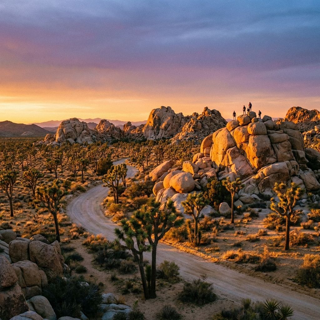 Sunset over a desert landscape with Joshua trees, a winding dirt road, and rocky formations featuring people on top.