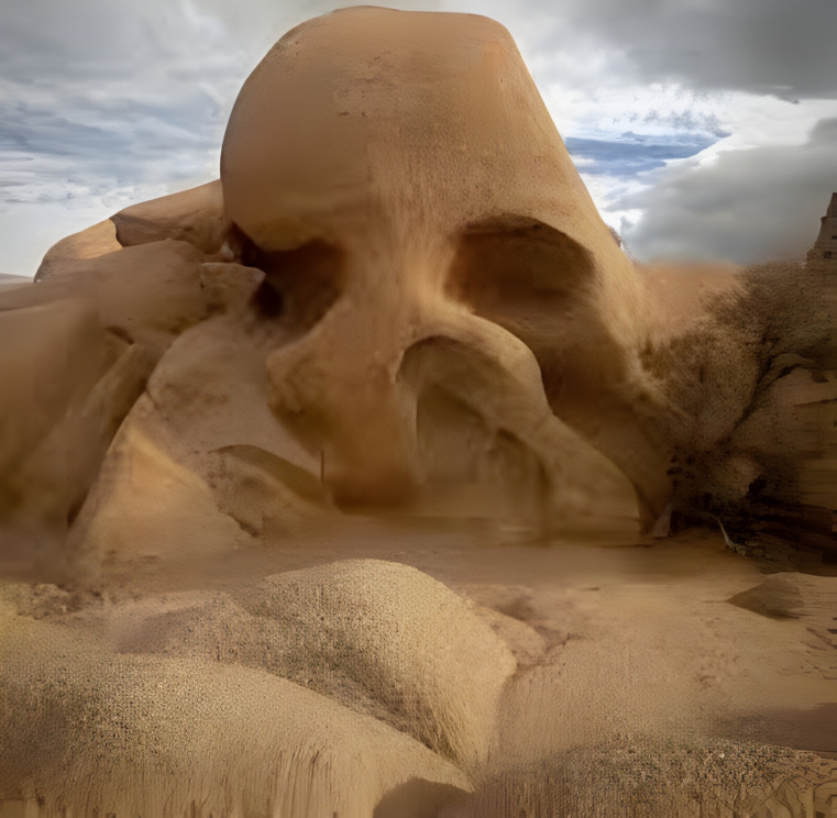 A beige rock formation in a desert landscape carved by erosion to resemble a human skull under a cloudy sky.