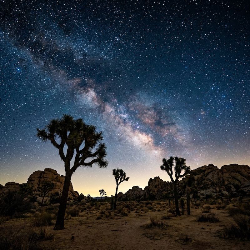 The Milky Way stretches across a night sky above the desert landscape of Joshua Tree National Park.