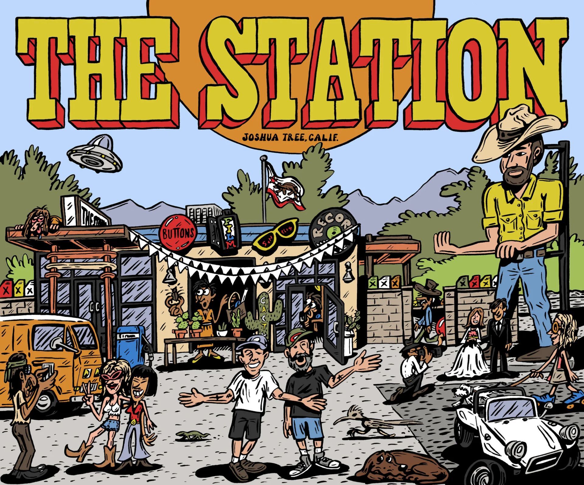 Cartoon scene outside a building titled THE STATION with a giant cowboy, a UFO, and various people in a desert setting.
