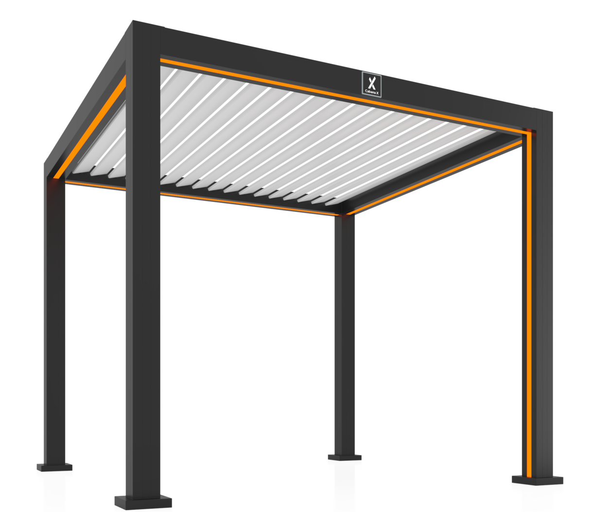 A pergola with a black frame and orange trim on a white background.