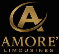 The logo for amore limousines is a black oval with a silver border.