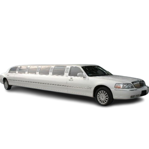 A white limousine is parked on a white background.