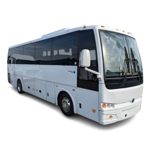 A white bus with a black door is on a white background.