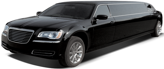 A black limousine is parked on a white background.