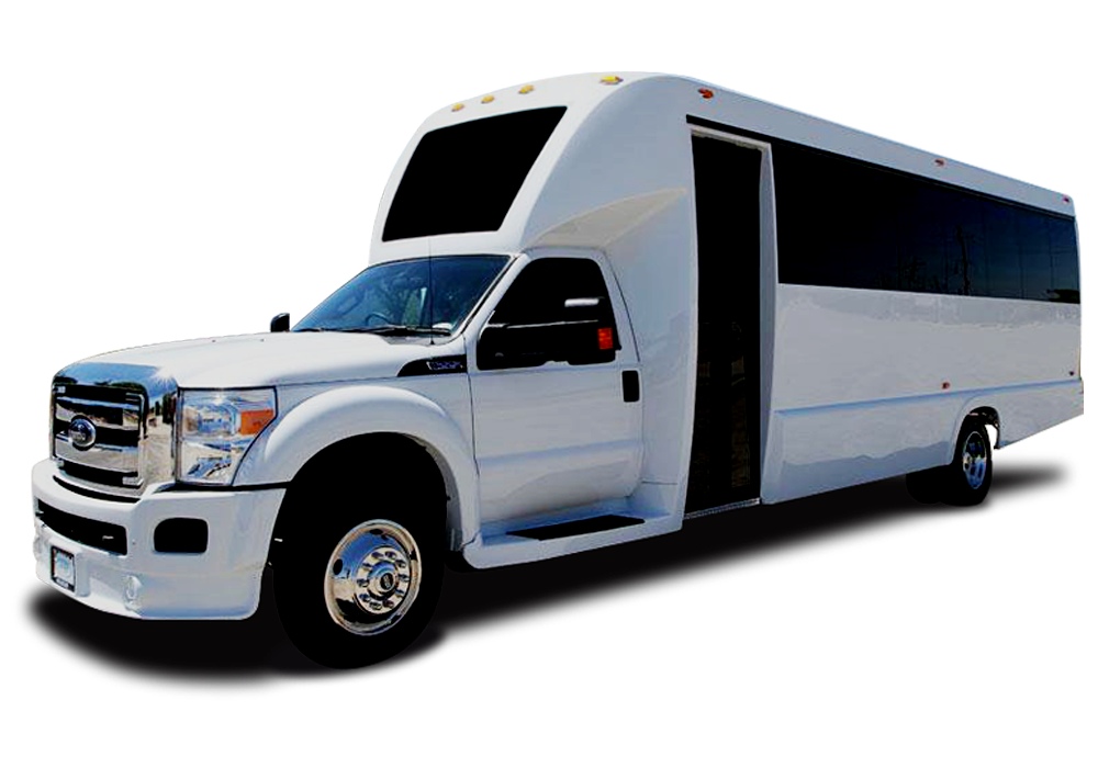 A white shuttle bus is parked on a white background.