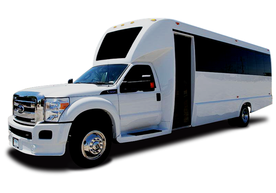 A white shuttle bus is parked on a white background.