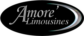 The logo for amore limousines is a black oval with a silver border.