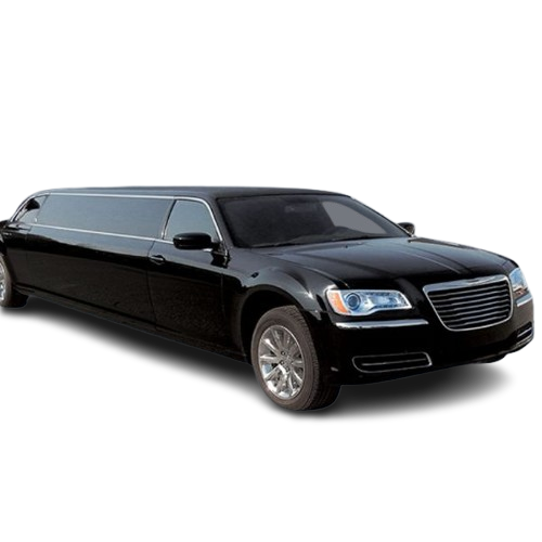 A black limousine is shown on a white background.