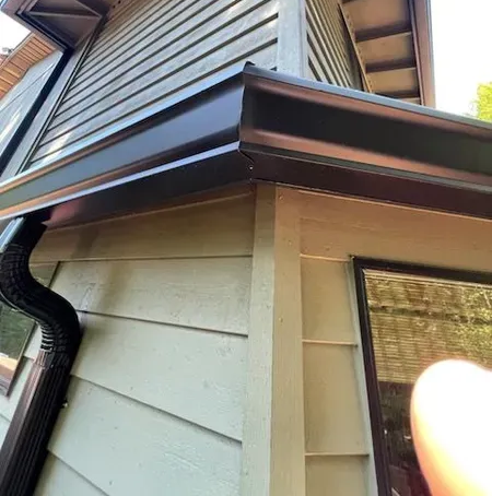 Corner of a house with dark brown gutters and siding.