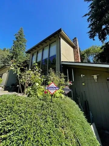 Modern house with large windows, brick chimney, surrounded by greenery under a blue sky.