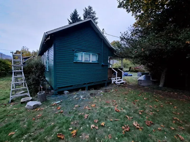 Green cabin with ladder in yard, overcast sky.