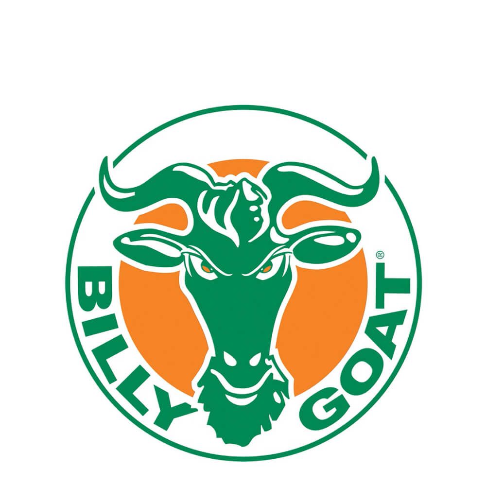 A green and orange logo for billy goat