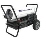 A portable heater with wheels and a handle on a white background.