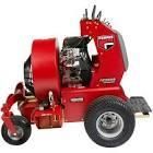 A red lawn mower with a blower attached to it on a white background.