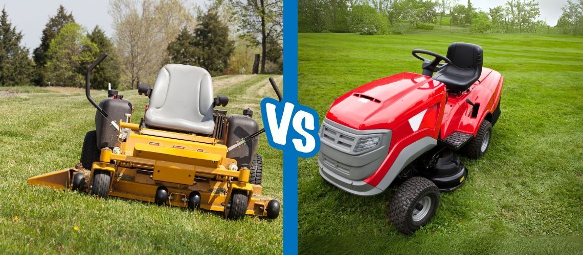 A yellow lawn mower and a red lawn mower are side by side