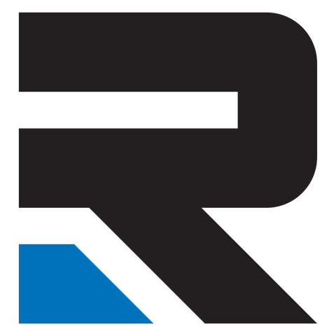 A black and blue letter r on a white background