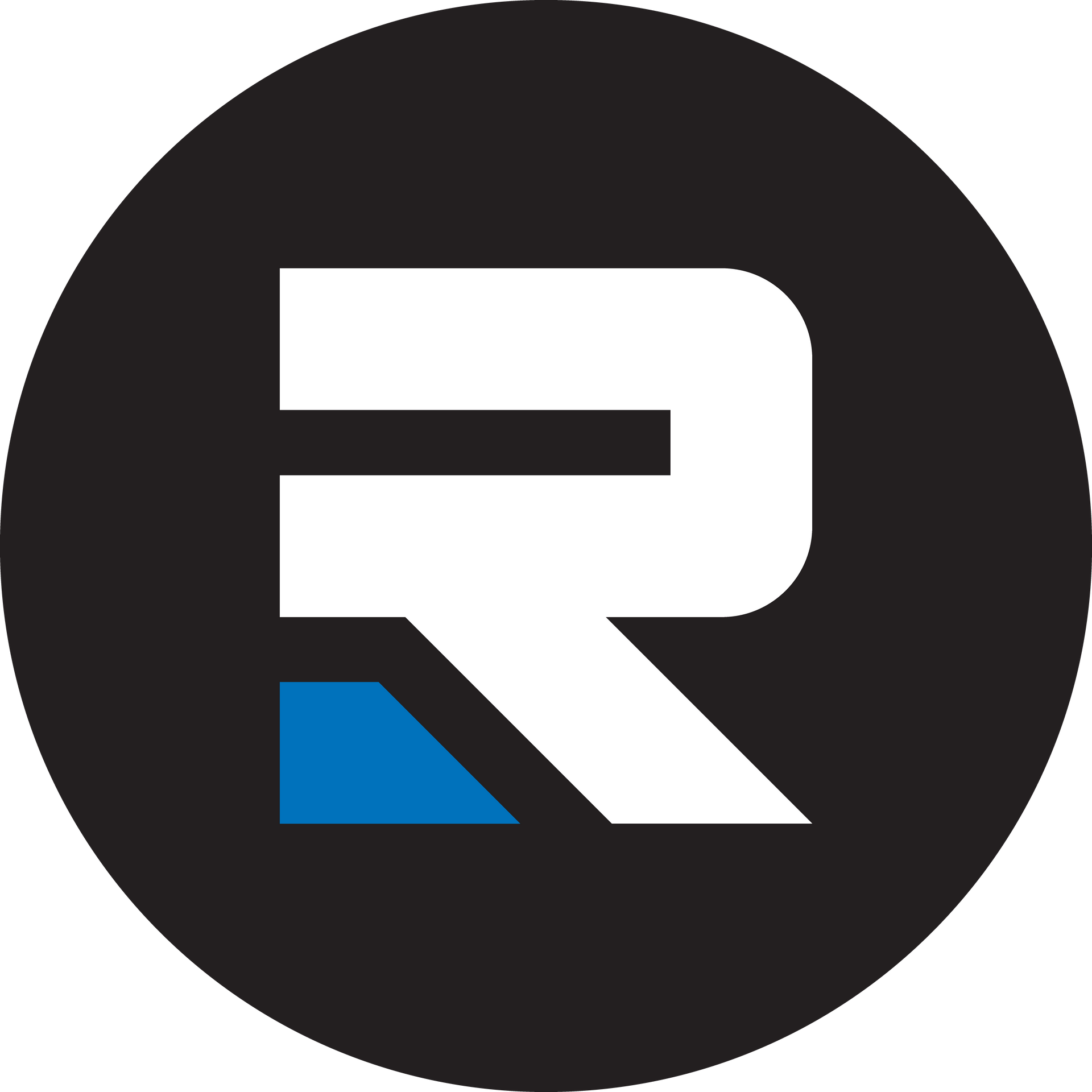 A blue and white letter r in a black circle