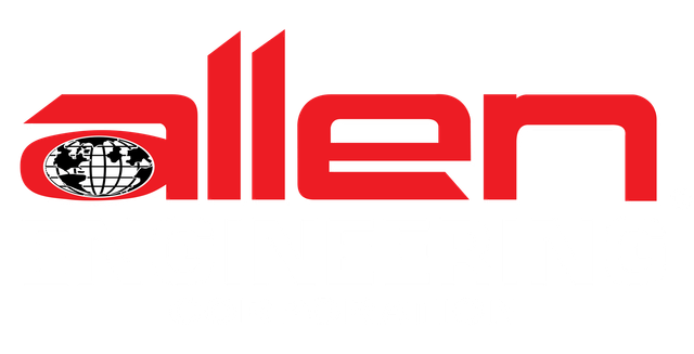 A red allen logo on a white background