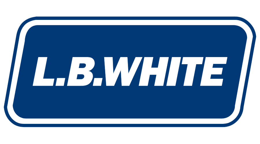 A blue and white logo for l.b. white