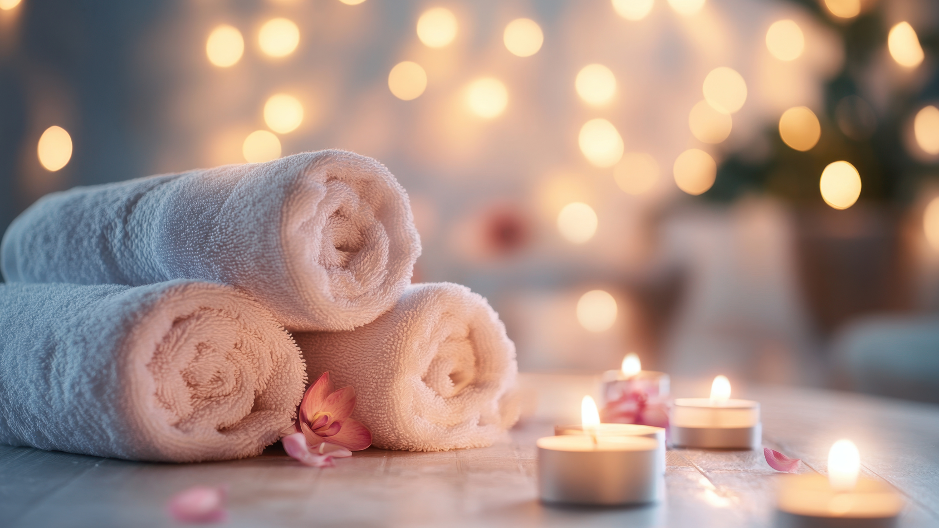 Rolled white towels, lit candles, and soft bokeh lights creating a spa-like ambiance.
