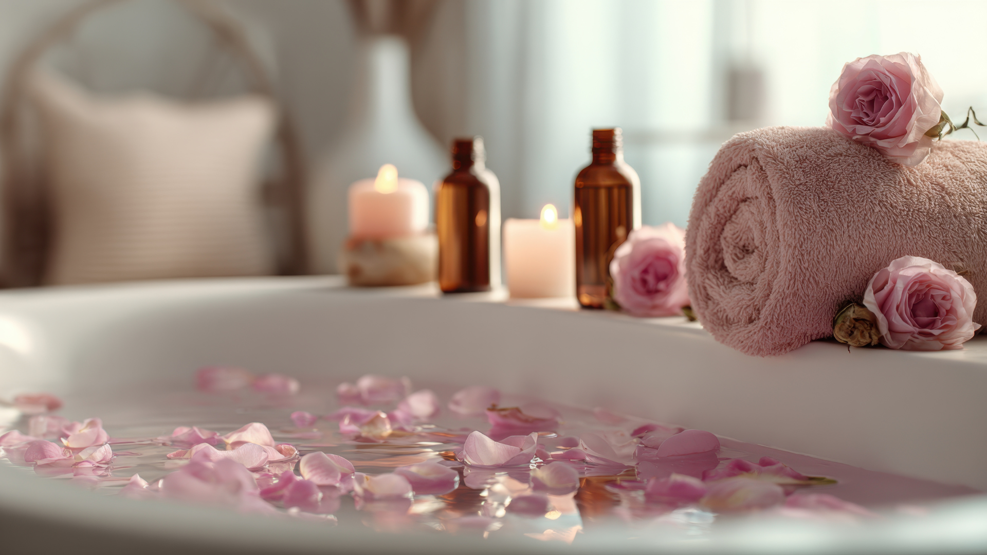 A bathtub with rose petals, a rolled pink towel, candles, and essential oil bottles.