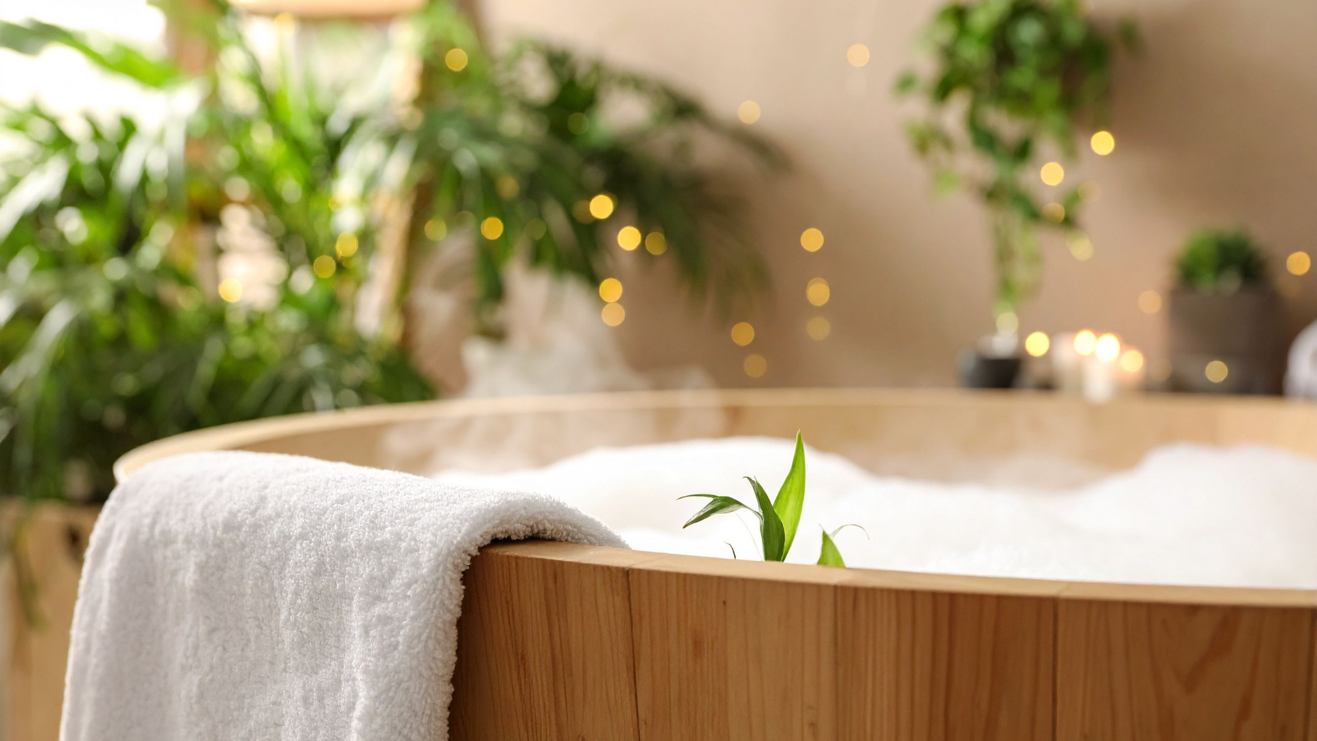 Wooden hot tub with bubbles and a white towel, plants in the background, warm, inviting atmosphere.