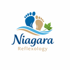 Logo for Niagara Reflexology: blue and tan footprints over blue/tan waves, green maple leaf.