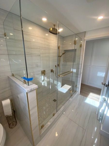 A bathroom with a walk in shower and a toilet.