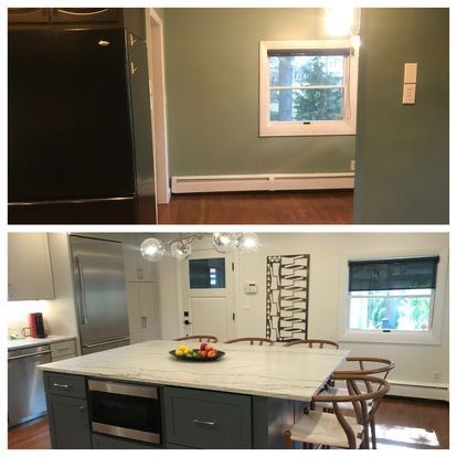 A before and after photo of a kitchen and dining room.