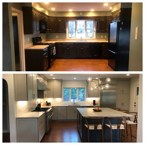 A before and after photo of a kitchen remodel.