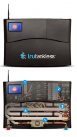 A black TruTankless water heater shown closed and with the front panel removed to reveal its internal components.