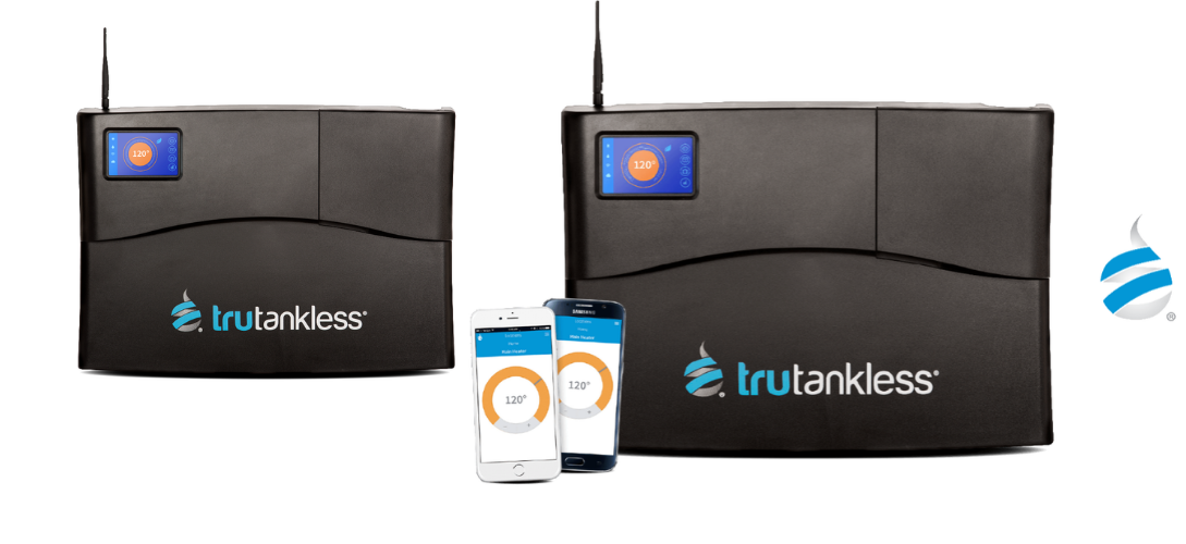 Two black TruTankless water heater units next to two smartphones displaying the company's mobile app interface.