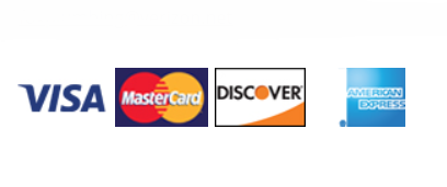 Logos for Visa, MasterCard, Discover, and American Express credit cards.