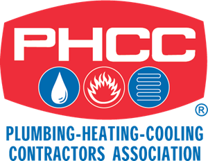 Logo for the Plumbing-Heating-Cooling Contractors Association with icons for water, fire, and cooling.