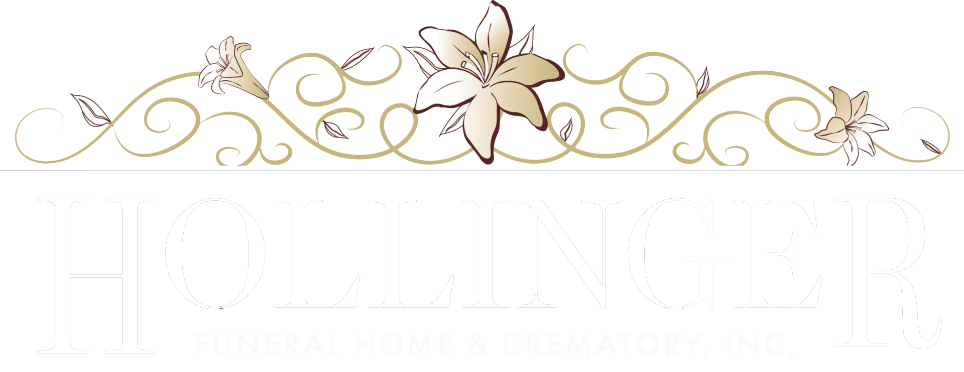Logo with decorative floral design and white text.