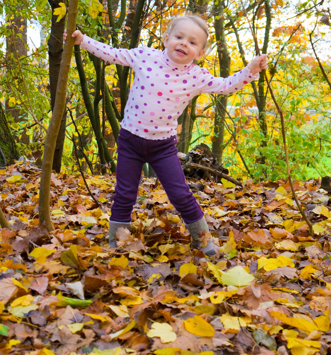 Kind Kleinkind Mädchen lila Punkte Lachen blond Herbst Laub Wald Sonne Spaß festhalten Baum Busch Bäume Büsche