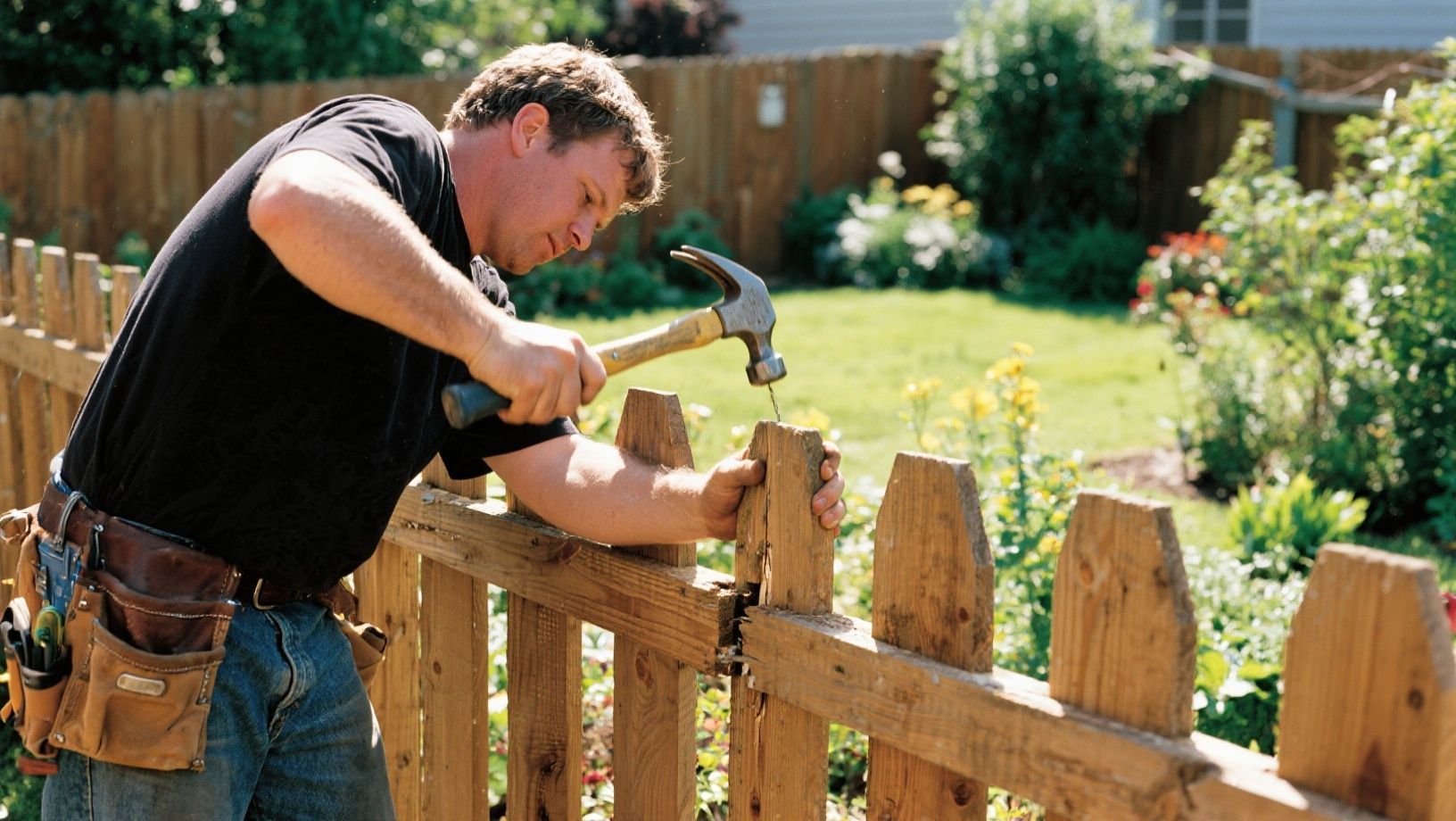 Man hammering wooden pickets onto a fence in a sunny backyard