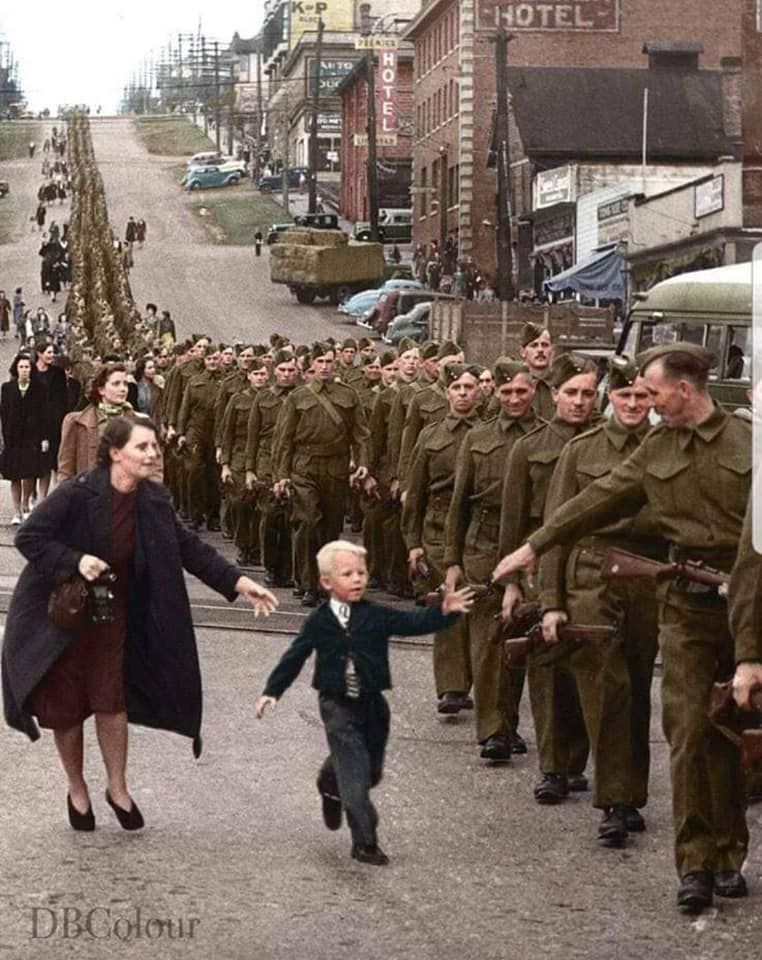 The photo ‘Wait for me, Daddy’ shows Private Jack Bernard, B.C. Regiment saying goodbye to his son Warren Bernard in New Westminster, 1940.