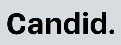 The word candid is written in black on a white background.