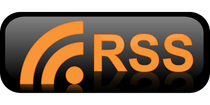 a black button with orange letters that says rss