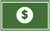 A green rectangular icon featuring a white circle in the center with a black dollar sign inside.