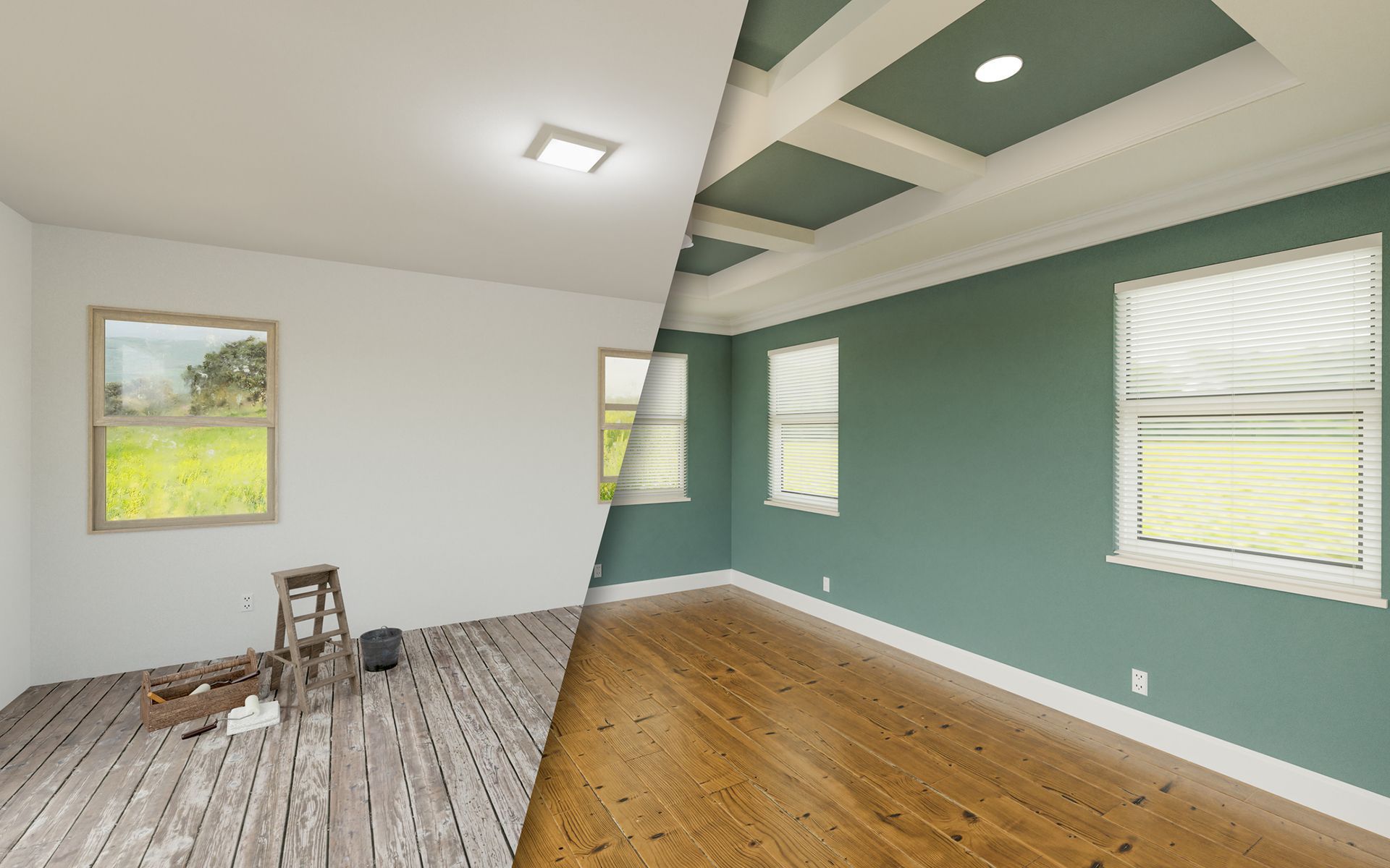 A before and after picture of a room with wooden floors and green walls.