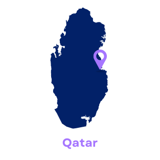A blue map of qatar with a purple pin on it.