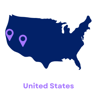 A map of the united states with two purple pins on it