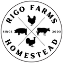 Rigo Farms Homestead logo: black and white circle with farm animal silhouettes, text, and date.